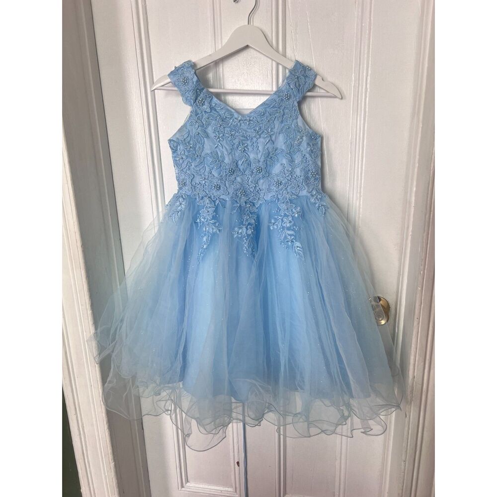 Joy Kids Girls Size 10 Blue Princess Tulle Ball Gown Lace Pearl Formal Dress